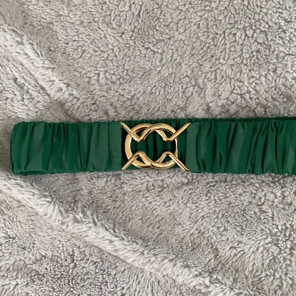 Green chiffon and Gold tone Stretch Belt with interlocking clasp - Picture 1 of 6